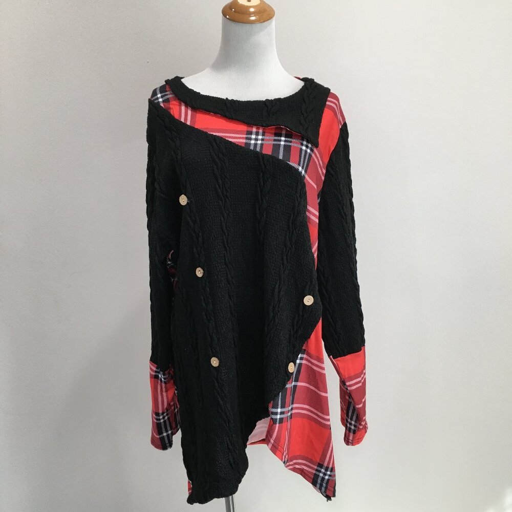 NWT CELLABIE Black Red White Plaid Ribbed Knit Deco Buttons Long Sleeve Shirt